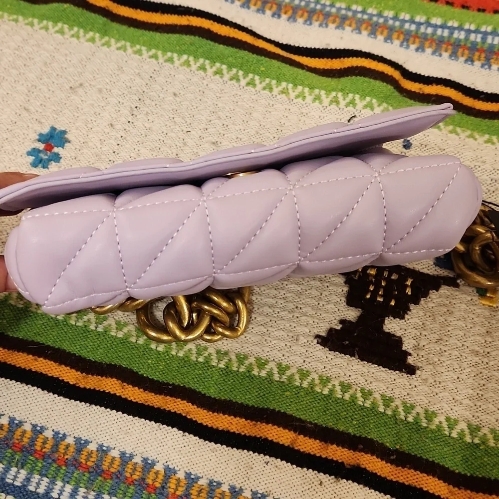 Vegan Leather Quilted Lilac Purple Mini Shoulder Bag with Heavy Brass Chain NWT